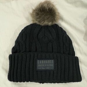 Carhartt Black Cable Knit Beanie with Brown Pom